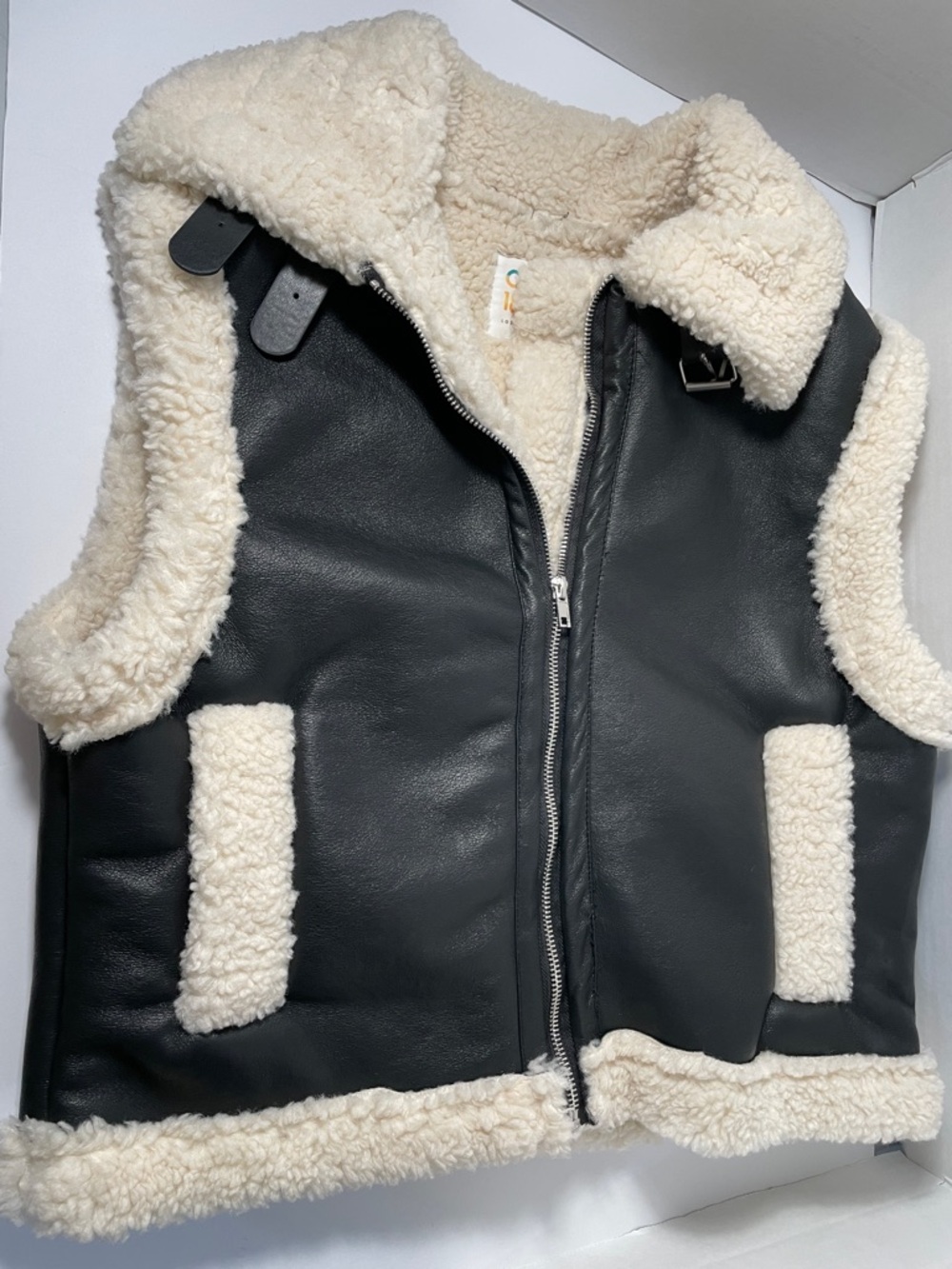 Black Faux Leather Sherpa Vest with Cream Shearling Trim